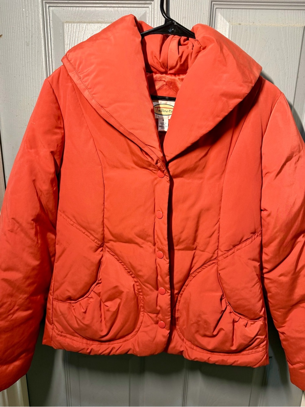 Talbots Bright Coral-Orange Puffer Jacket with Oversized Shawl Collar